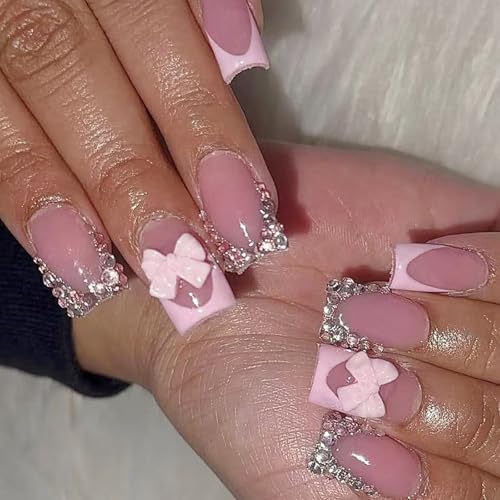 Künstliche Nägel mit französischem Glitzer, kurz, mit Schleifen-Design, ABS, einfach anzuwenden, für Frauen, Party, bequem, Weihnachten, Party, Glitzernägel, 24 Stück von ZwaitL