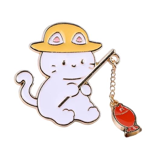 Miniatur-Brosche mit Katzenangeln, allergiebeständig, Metall-Zubehör, 4,5 cm Höhe, schöne Verzierung für Kleidung, leichtes Katzenangeln, Wear a hat, Wie beschrieben von ZwaitL
