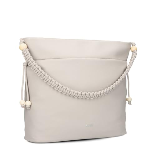 Zwei Damen Schultertasche Perla PE140 Shopper 12 Liter Perlen-Verzierung geflochtener Makramee-Tragegurt + langer Schultergurt + Schlüsselband (cappuccino) von Zwei
