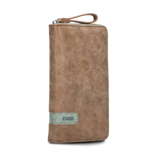 Zwei große Damen Geldbörse O.Wallet OW2 braunes Portemonnaie im Vintage-Style, Geldbeutel mit umlaufendem Reißverschluss, 15 Kartenfächer, 2 Scheinfächer, Münzfach & Sichtfach (Eucalyptus) von Zwei