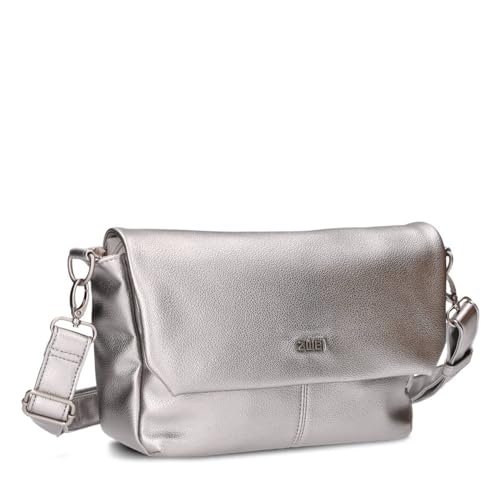 Zwei Damen Handtasche Mademoiselle.M M60 Umhängetasche 3 Liter breite Crossbody-Bag Magnetklappe Reißverschluss inklusive Schlüsselband klassisch-elegante Abendtasche (silver) von Zwei
