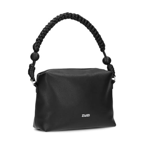 Zwei Damen Handtasche Perla PE60 Schultertasche 3 Liter Sommer & Frühling im Boho-Look mit Perlen-Verzierung & geflochtenem Tragegurt + langen Schultergurt - als Umhängetasche & Crossbody Bag (black) von Zwei