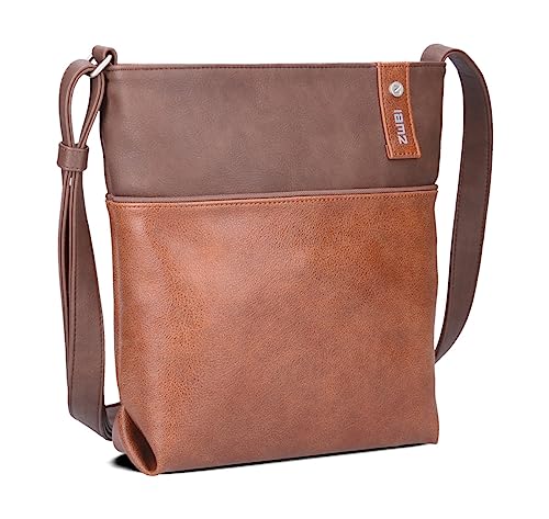 Zwei Damen Umhängetasche JANA J10 Crossbody Bag 5 Liter Handtasche im Canvas-Stil im Bicolor-Design + passender Kosmetikbeutel/Geldbeutel gratis (cognac) von Zwei