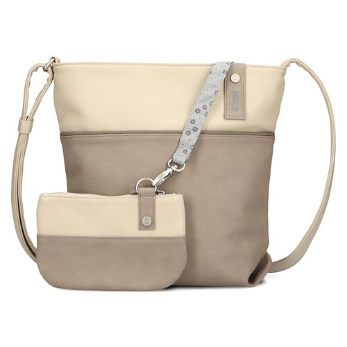 Zwei Damen Umhängetasche JANA J10 Crossbody Bag 5 Liter Handtasche im Canvas-Stil im Bicolor-Design + passender Kosmetikbeutel/Geldbeutel gratis (nubuk-cappuccino) von Zwei