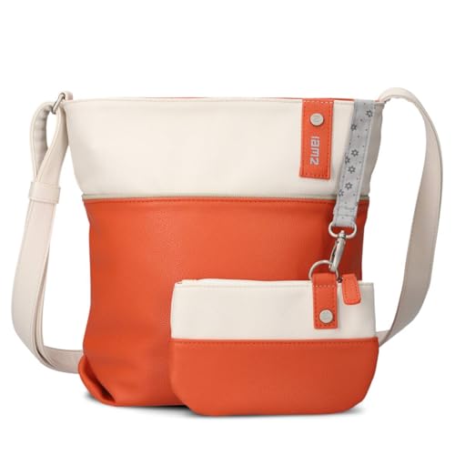 Zwei Damen Umhängetasche JANA J10 Crossbody Bag 5 Liter Handtasche im Canvas-Stil im Bicolor-Design + passender Kosmetikbeutel/Geldbeutel gratis (papaya) von Zwei