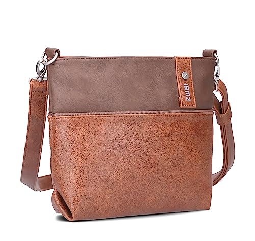 Zwei Damen Umhängetasche JANA J8 Crossbody Bag 3 Liter Bicolor Handtasche im Canvas-Stil, hochwertiges, weiches Kunstleder, ideal für den Alltag, inkl. 2 Schultergurte kurz und lang (cognac) von Zwei