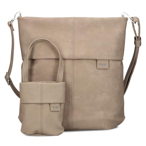 Zwei Damen Umhängetasche Mademoiselle.M M12 und Mini-Bag M0 im Taschen-Set, Schultertasche in DIN-A4-Größe mit Schlüsselring und Geheimfach & kleine Mini-Handtasche im Bundle (nubuk-cappuccino) von Zwei