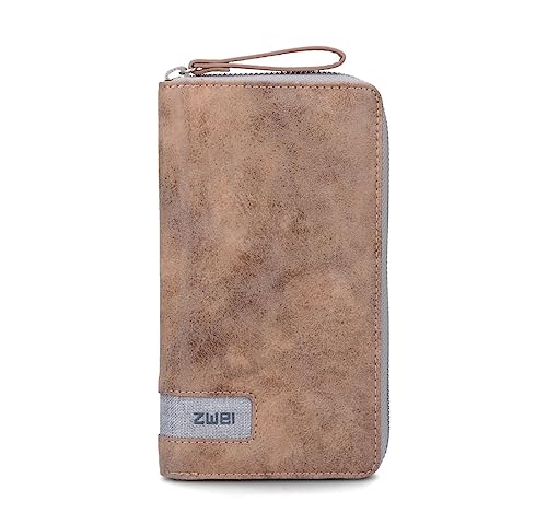 Zwei Große Damen Geldbörse Olli OW2 mit umlaufendem Reißverschluss 19 x 11 cm, hochwertiges Kunstleder in braun mit Farbakzenten, Kleingeldfach, 15 Kartenfächer, Sichtfach, 2 Scheinfächer (Ice) von Zwei