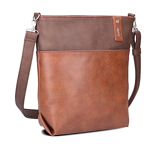 Zwei Damen Umhängetasche Jana J12 Crossbody Bag 9 L Handtasche Bicolor Canvas-Stil passender Kosmetikbeutel extra Schultergurt & Schlüsselband, Schultertasche DIN-A4 passend (cognac) von Zwei