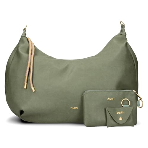 Zwei LOLA LO200 XXL Shopper Volumen erweiterbar (17-21 L) große Damen Umhängetasche & Schultertasche in Moon Bag Design, 4-tlg Taschen-Set inkl. Zip-Pouch, Mini-Pouch & Schlüsselanhänger (eucalyptus) von Zwei
