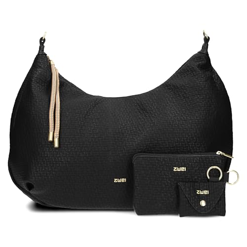 Zwei LOLA LO200 XXL Shopper Volumen erweiterbar (17-21 L) große Damen Umhängetasche & Schultertasche in Moon Bag Design, 4-tlg Taschen-Set inkl. Zip-Pouch, Mini-Pouch & Schlüsselanhänger (black) von Zwei