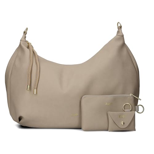 Zwei LOLA LO200 XXL Shopper Volumen erweiterbar (17-21 L) große Damen Umhängetasche & Schultertasche in Moon Bag Design, 4-tlg Taschen-Set inkl. Zip-Pouch, Mini-Pouch & Schlüsselanhänger (sand) von Zwei