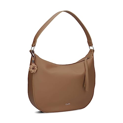 Zwei Damen Schultertasche Yuna YU110 Moon-Bag 6 Liter klassisch elegante Hobo-Bag mit Blümchen-Anhänger und Schlüsselband, innen 3 Fächer, extra langes Zipper-Band, hochwertiges Kunstleder (hazel) von Zwei