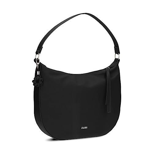 Damen Schultertasche Yuna YU110 Moon-Bag 6 Liter klassisch elegante Hobo-Bag mit Blümchen-Anhänger und Schlüsselband, innen 3 Fächer, extra langes Zipper-Band, hochwertiges Kunstleder (nubuk-black) von Zwei