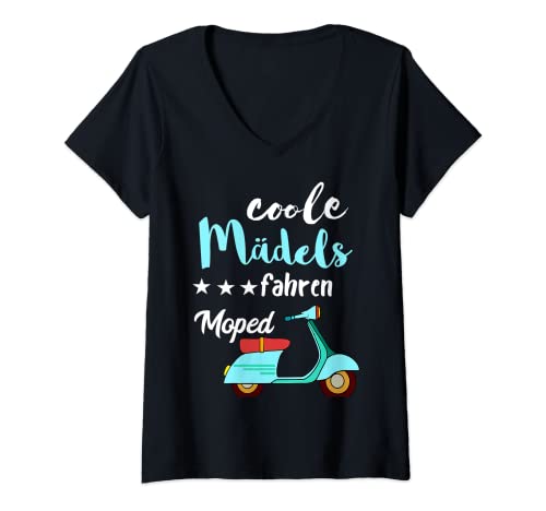 Damen Coole Mädels Fahren Moped Fahrerin Mofa Scooter Roller T-Shirt mit V-Ausschnitt Damen Coole Mädels Fahren Moped Fahrerin Mofa Scooter Roller T-Shirt mit V-Ausschnitt von Zweitakt Mofa Mopedfahrer Scooter Roller