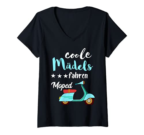 Damen Coole Mädels Fahren Moped Fahrerin Mofa Scooter Roller T-Shirt mit V-Ausschnitt von Zweitakt Mofa Mopedfahrer Scooter Roller