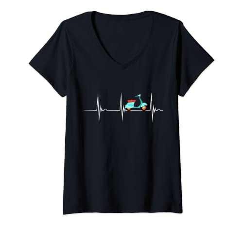 Damen Moped Driver Herzschlag EKG Pulse Motorrad Roller Fahren T-Shirt mit V-Ausschnitt von Zweitakt Mofa Mopedfahrer Scooter Roller
