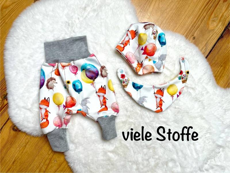 Set Baby Pumphose Mütze Halstuch | Geschenk Geburt Neugeborenes Erstlingsset Mitwachshose Waldtiere Geschenkset Taufe von ZwergenNaehstuebchen