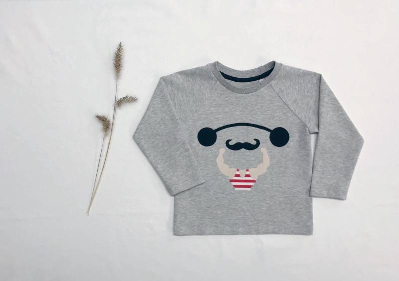 Kinder Shirt in Hellgrau Meliert Mit Gewichtheber Applikation von Zwergenkleid