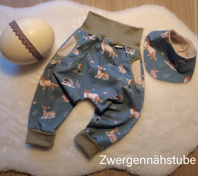 Baby Set Pumphose Babyhose Und Tuch Rauch Blau Helles Oliv Waldtiere Oder Mütze, Loop von Zwergennaehstube