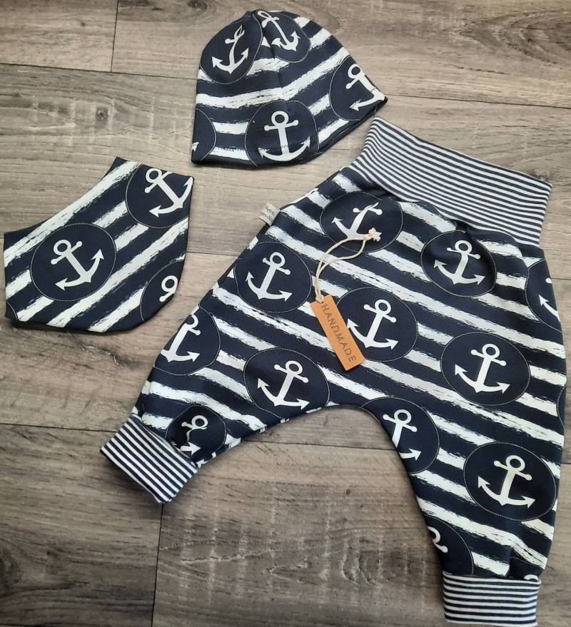 Baby Set Pumphose Mütze Tuch Marine Blau Weiß Mit Anker Babyhose Babykleidung von Zwergennaehstube