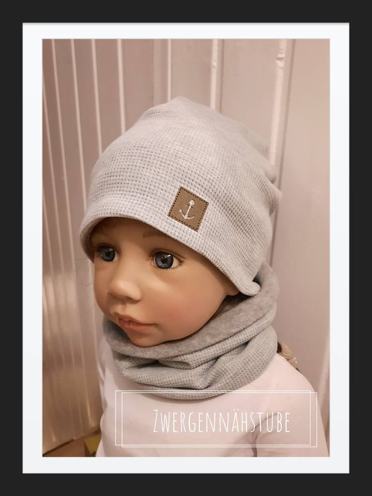 Beanie - Mütze Und Oder Loop Aus Baumwollwaffeljersey in Hellgrau Mit Anker Beanie - Mütze Und Oder Loop Aus Baumwollwaffeljersey in Hellgrau Mit Anker von Zwergennaehstube