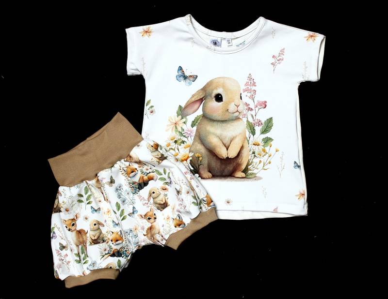 Set T-Shirt Und Shorts Hase Reh Fuchs Baumwolle Schmetterling Kurze Hose Geschenk Mädchen Jungen Braun von ZwergerlFashion