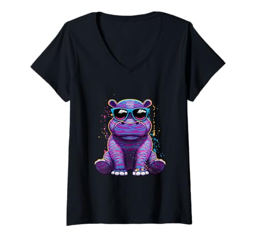 Damen Afrika Safari Flusspferd Tier Nilpferd T-Shirt mit V-Ausschnitt von Zwergflusspferd Dickhäuter Nilpferd Motiv