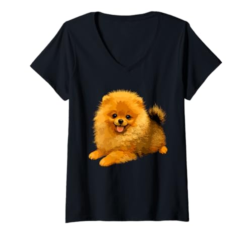 Damen Zwergspitz Pommeraner Pomeranian Pom Süßer Deutscher Spitz T-Shirt mit V-Ausschnitt Damen Zwergspitz Pommeraner Pomeranian Pom Süßer Deutscher Spitz T-Shirt mit V-Ausschnitt von Zwergspitz Hunde Liebhaber für Frauchen & Herrchen