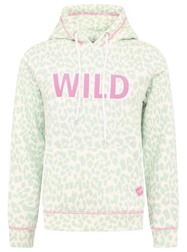 Zwillingsherz Damen Kapuzenpullover, Leopardenmuster in Pastellgrün, WILD-Schriftzug in Rosa Größe M von Zwillingsherz