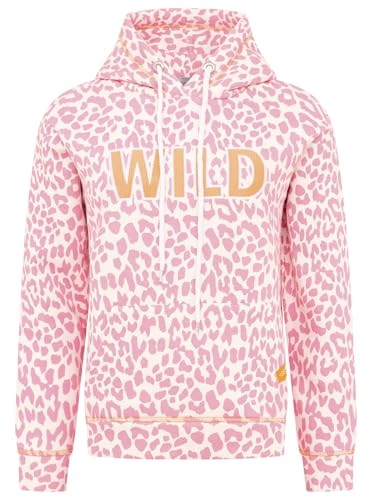Zwillingsherz Damen Kapuzenpullover, Leopardenmuster in Rosa-Weiß, WILD-Schriftzug in Orange Größe L von Zwillingsherz