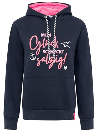 Zwillingsherz Damen Kapuzenpullover Pulli Sweatshirt, Marine-Blau mit Rosa, Maritimes Design, Glück Schmeckt Salzig Motiv Gr. S bis XL von Zwillingsherz