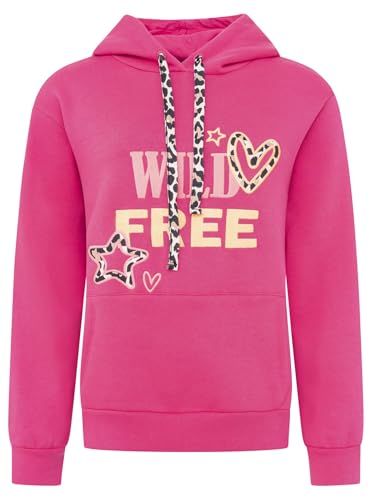 Zwillingsherz Damen Kapuzenpullover Pulli Sweatshirt Wild Free, Pink mit Leoparden-Details, Größe S von Zwillingsherz
