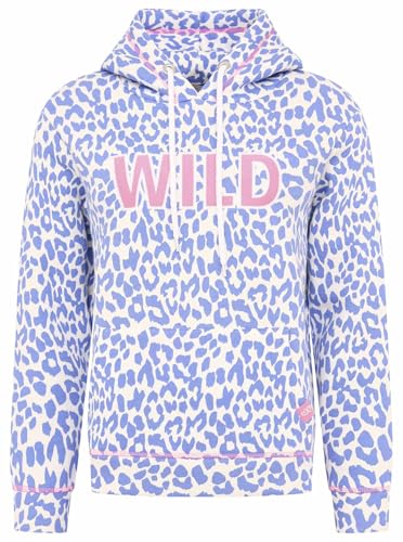 Zwillingsherz Damen Kapuzenpullover Sweatshirt Pulli Leopardenmuster in Blau-Weiß, Wild-Schriftzug in Rosa, Größe M von Zwillingsherz