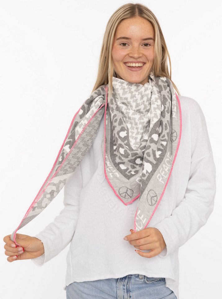 Zwillingsherz Dreieckstuch "Peace", Schriftzug und Leomuster, wärmend, Strick von Zwillingsherz