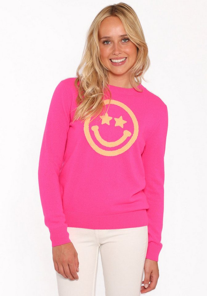 Zwillingsherz Kaschmirpullover Roundneck "Smiley Face" in Neonpink mit orangen Smiley von Zwillingsherz