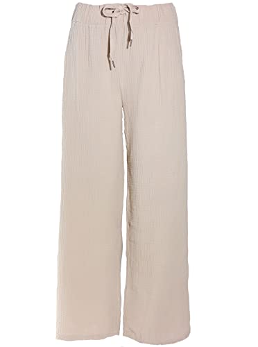Zwillingsherz Musselin Hose aus 100% Baumwolle – Hochwertige Sommerhose für Damen Frauen Mädchen - Marlenehose Freizeithose Culottes - Strandhose locker perfekt Frühling, Beige, L-XL, (16750.4L/XL) von Zwillingsherz