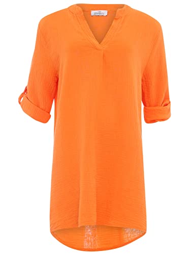 Zwillingsherz Musselin Longbluse aus 100% Baumwolle mit V-Ausschnitt – Hochwertige Tunika für Damen Frauen Mädchen - Sommerbluse Strandkleid - Locker luftig perfekt Frühling, Orange, 36-42 von Zwillingsherz