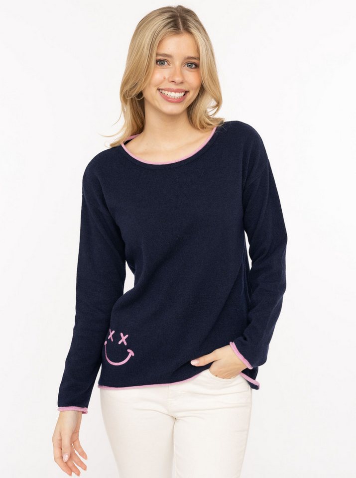 Zwillingsherz Rundhalspullover "Happy Face" Stickerei, aufgerollte kontrastfarbige Bündchen von Zwillingsherz