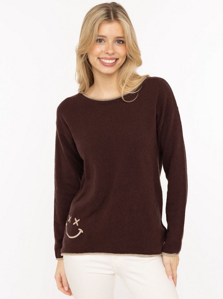 Zwillingsherz Rundhalspullover "Happy Face" Stickerei, aufgerollte kontrastfarbige Bündchen von Zwillingsherz