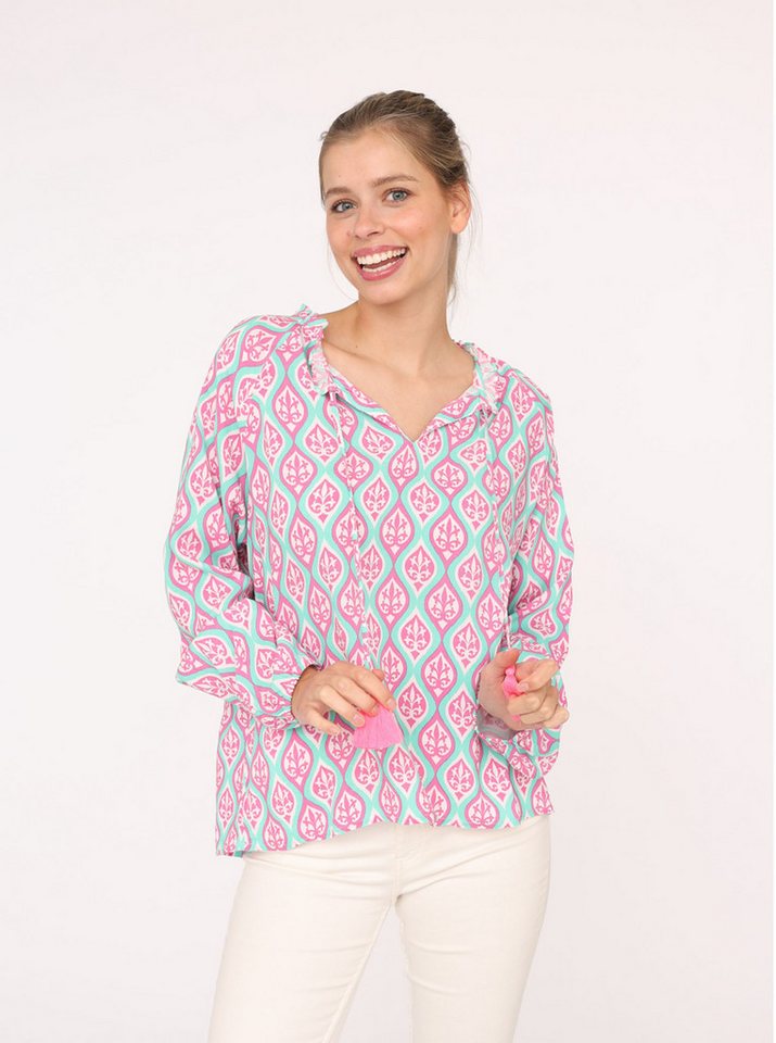 Zwillingsherz Schlupfbluse "Ovale Ranken" Bindeband mit Tasseln, Langarm, V-Ausschnitt, Viskose von Zwillingsherz