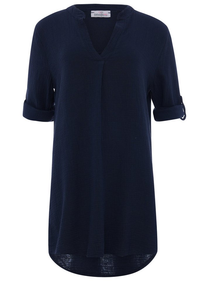 Zwillingsherz Schlupfbluse "Rom" verlängerte Rückenpartie, V-Neck, Turn-Up Ärmel, Musselin von Zwillingsherz