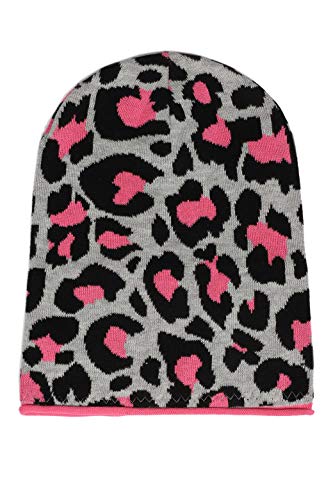 Zwillingsherz Slouch-Beanie-Mütze mit Baumwolle - Hochwertige Strickmütze mit Leo Design für Damen Mädchen Jungen 2020 - Hat - One Size - Frühjahr Sommer Herbst und Winter - gra/pin von Zwillingsherz