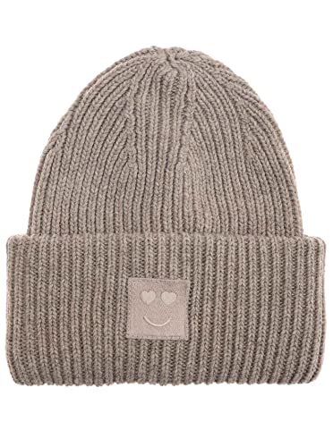 Zwillingsherz Slouch-Beanie-Mütze mit Wolle - Hochwertige Strickmütze mit Herz Smileys Patch für Damen Mädchen – Hat - Grobstrick - One Size - warm und weich für Frühling Herbst und Winter von Zwillingsherz