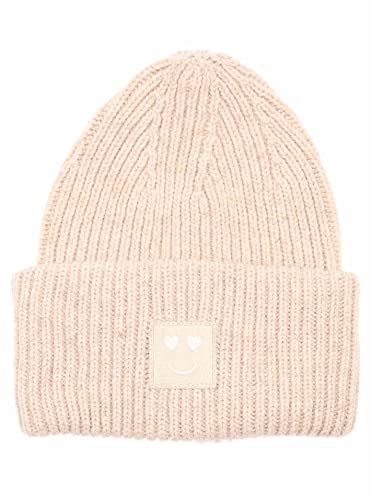 Zwillingsherz Slouch-Beanie-Mütze mit Wolle - Hochwertige Strickmütze mit Herz Smileys Patch für Damen Mädchen – Hat - Grobstrick - One Size - warm und weich für Frühling Herbst und Winter von Zwillingsherz