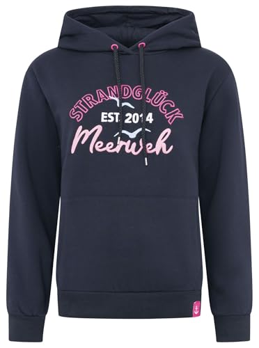 Zwillingsherz Strandglück Damen Kapuzenpullover Hoodie Sweatshirt, Meerweh Design, Marineblau mit Rosa Stickerei, Größe S von Zwillingsherz