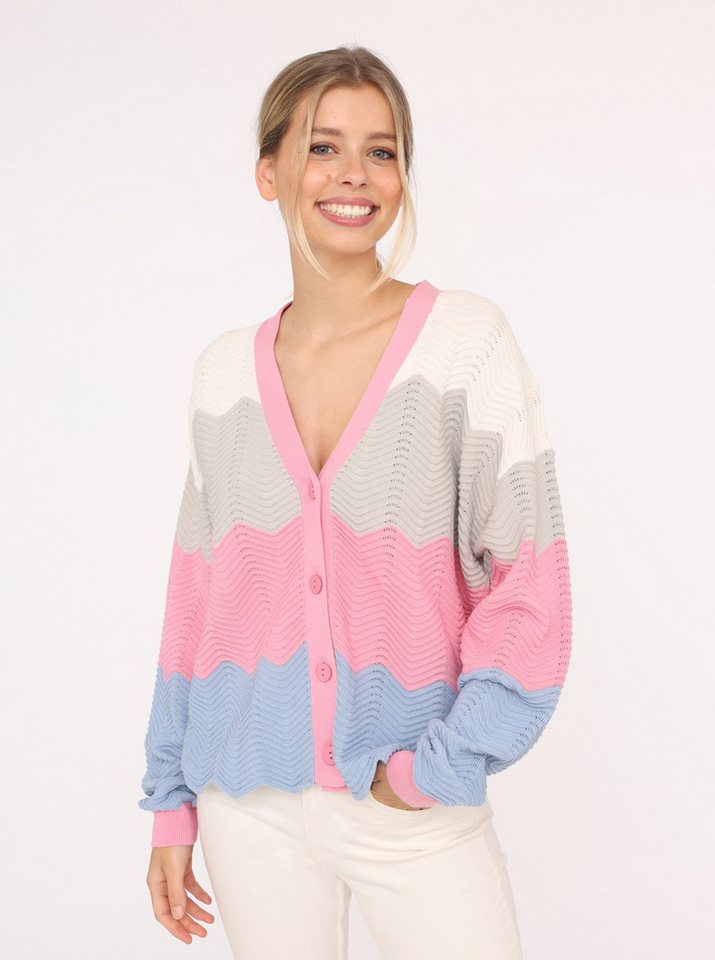Zwillingsherz Strickjacke "Block Wellen" Langarm, V-Ausschnitt, Knöpfe, Baumwolle, Wellenkante von Zwillingsherz