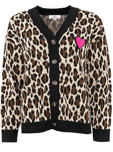 Zwillingsherz Strickjacke Damen – Strick-Cardigan mit Leopardenmuster – warme Strickjacke Damen Schwarz – Leo Jacke Damen, Strickjacke Damen Kurz Damen Strickjacken Größe S/M von Zwillingsherz
