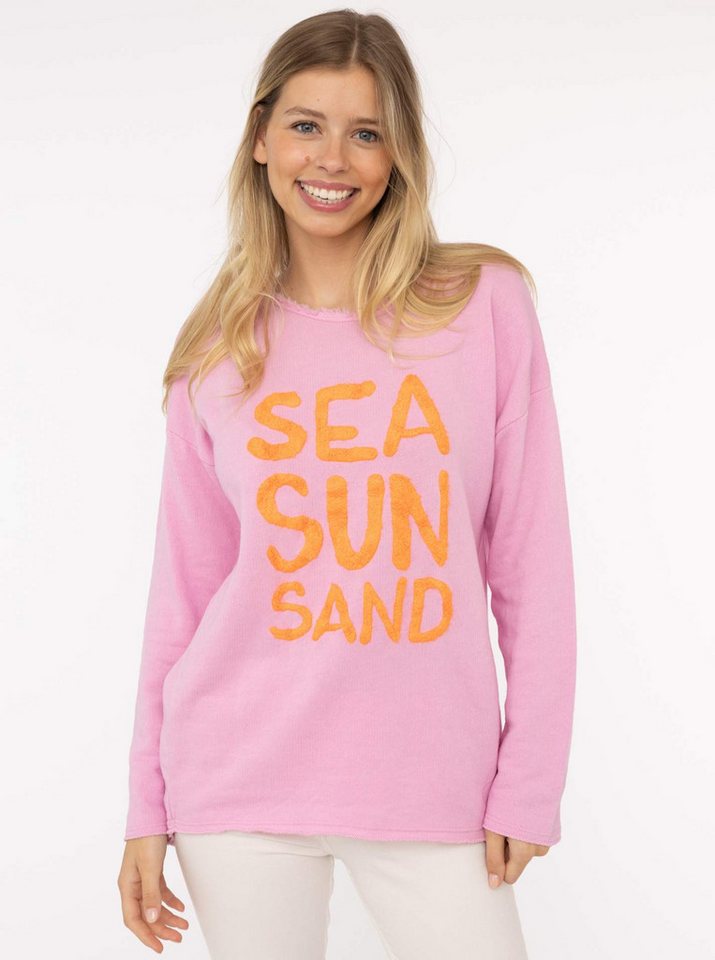 Zwillingsherz Sweater "Sea Sand Sun" Mit großer Flock-Aufschrift in auffälliger Farbe von Zwillingsherz