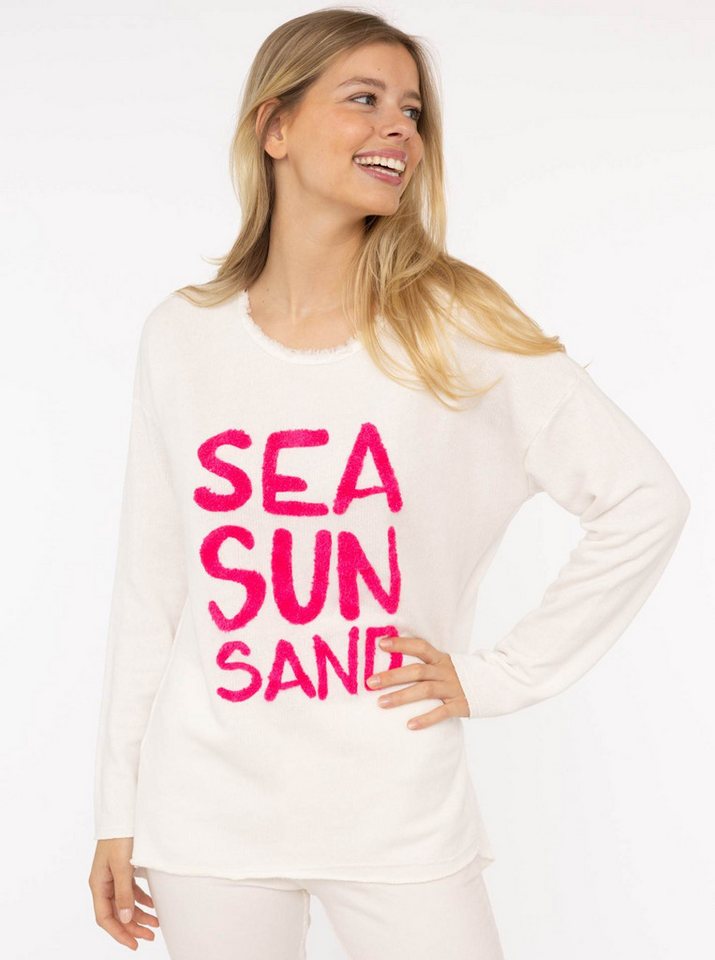 Zwillingsherz Sweater "Sea Sand Sun" Mit großer Flock-Aufschrift in auffälliger Farbe von Zwillingsherz